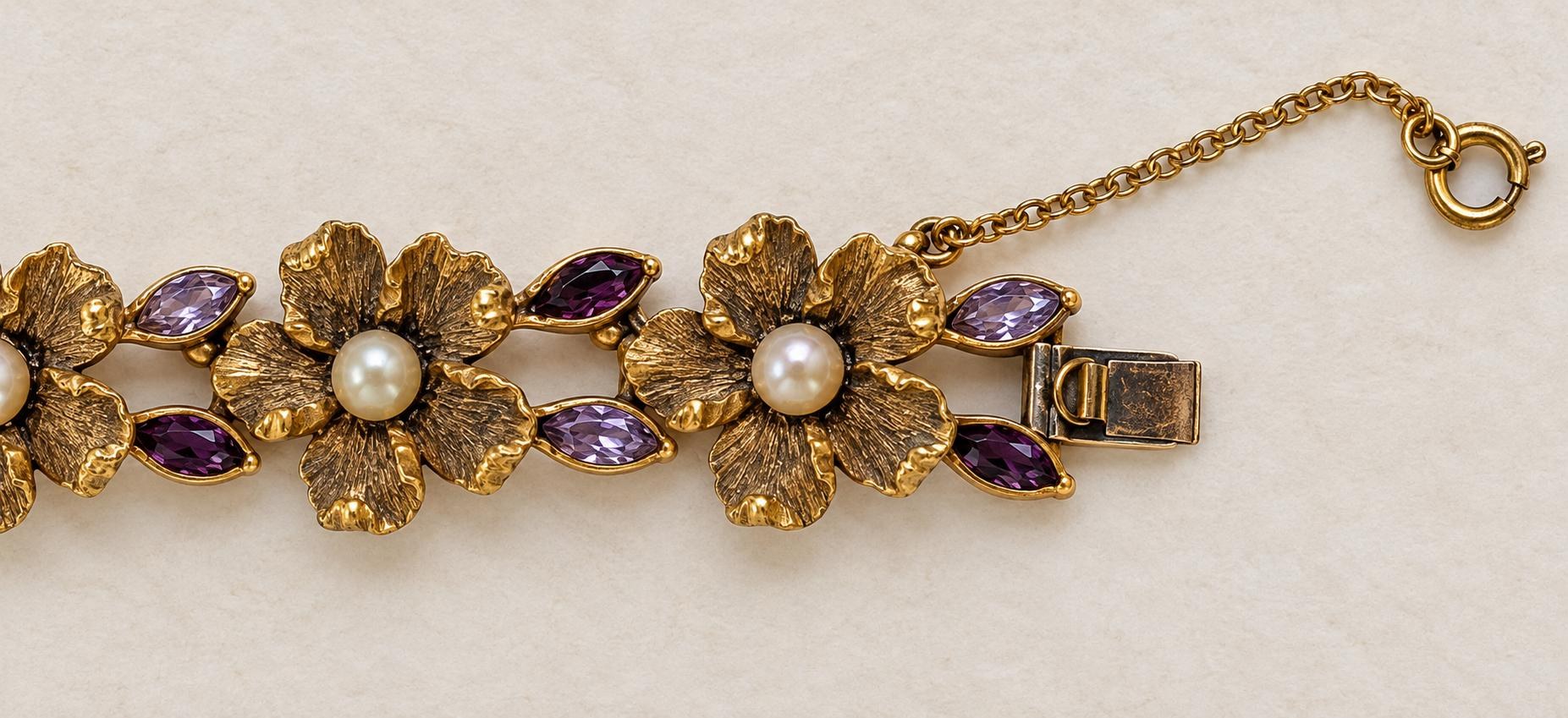 Vintage Gold Tone Faux Amethyst & Pearl Dogwood Flower Statement Bracelet, detail view
