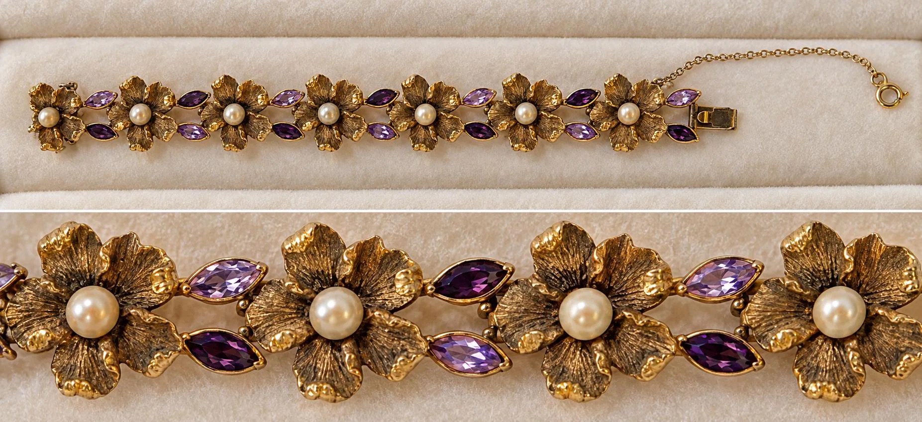 Vintage Gold Tone Faux Amethyst & Pearl Dogwood Flower Statement Bracelet