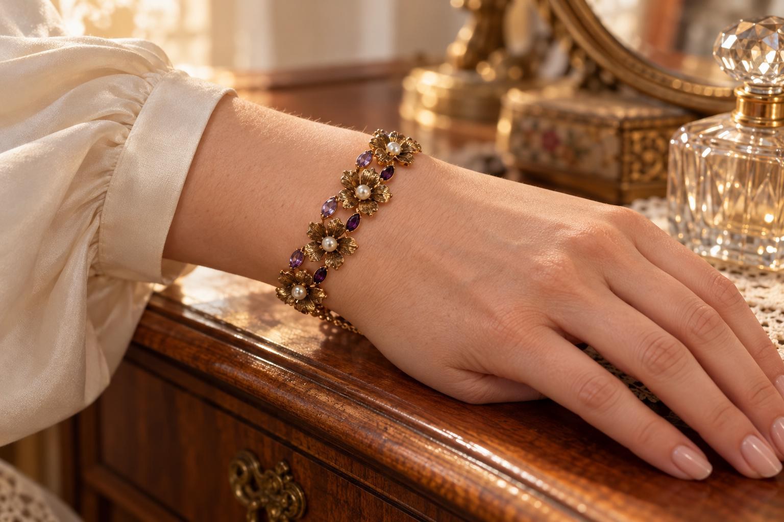 Vintage Gold Tone Faux Amethyst & Pearl Dogwood Flower Statement Bracelet, worn view