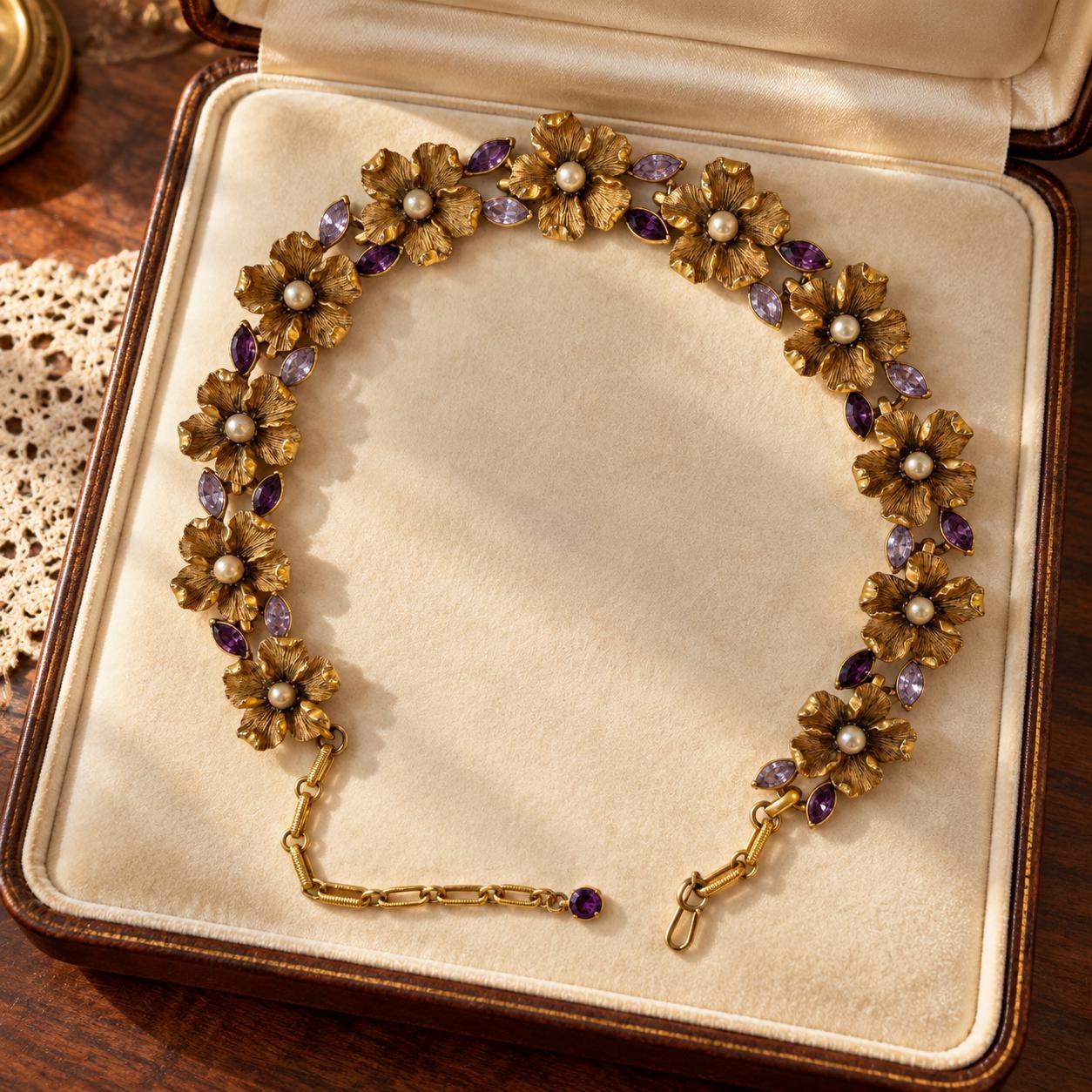 Vintage Gold Tone Rhinestone Amethyst & Pearl Dogwood Flower Statement Necklace