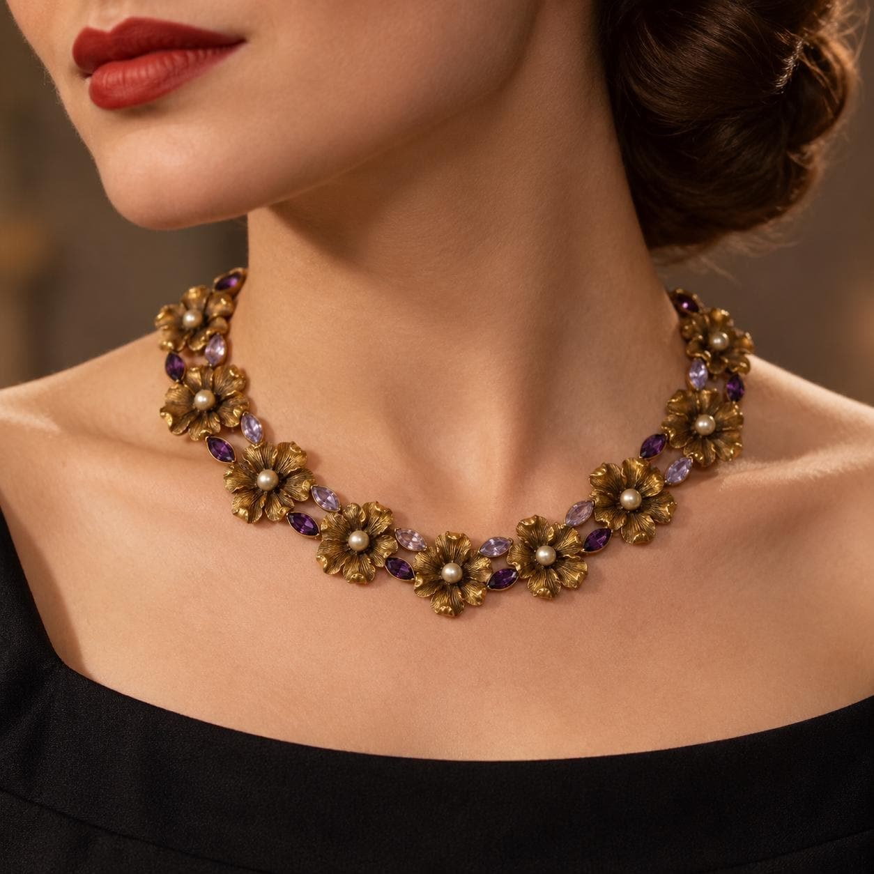 Vintage Gold Tone Rhinestone Amethyst & Pearl Dogwood Flower Statement Necklace, worn view