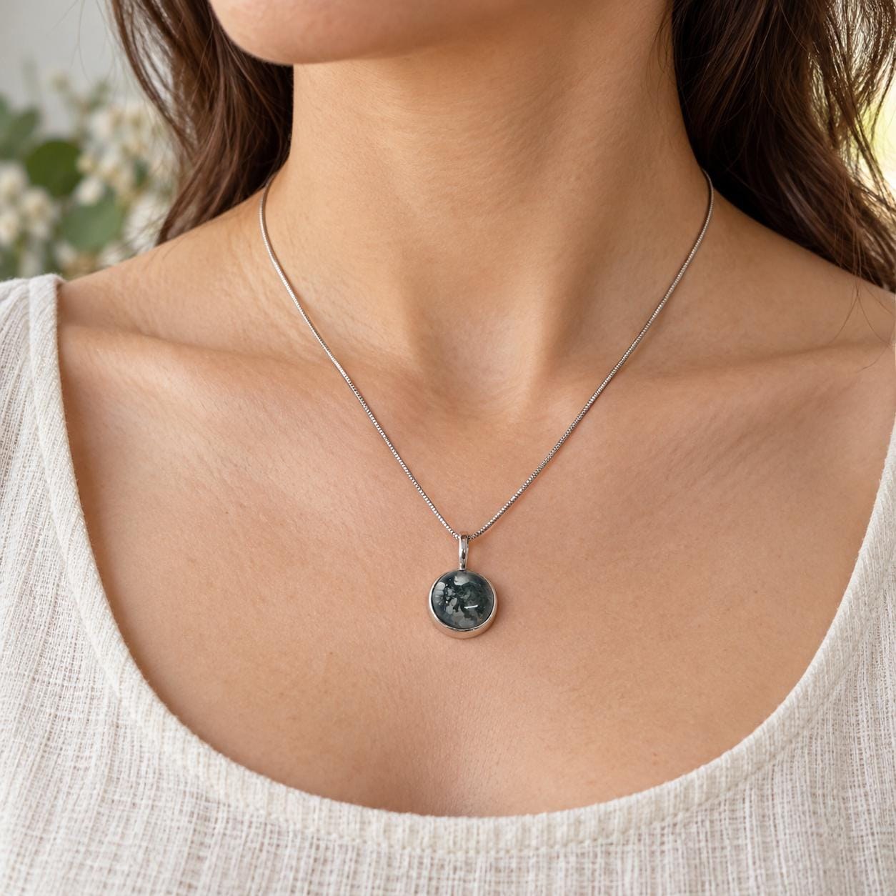 Moss Agate Round Cabochon Necklace Sterling Silver, Natural Unique Green Gemstone, worn view