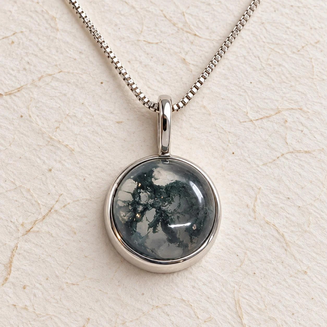 Moss Agate Round Cabochon Necklace Sterling Silver, Natural Unique Green Gemstone, detail view