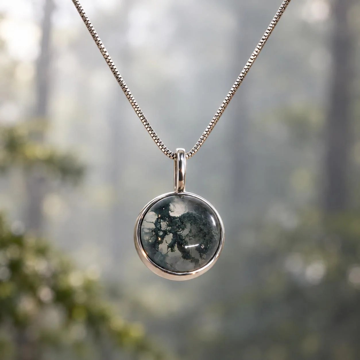 Moss Agate Round Cabochon Necklace Sterling Silver, Natural Unique Green Gemstone