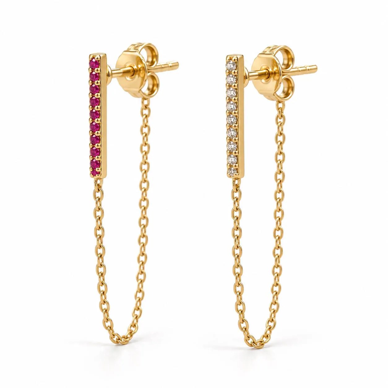 Mistmatched Ruby & CZ Gold Vermeil Chain Hoop Earrings