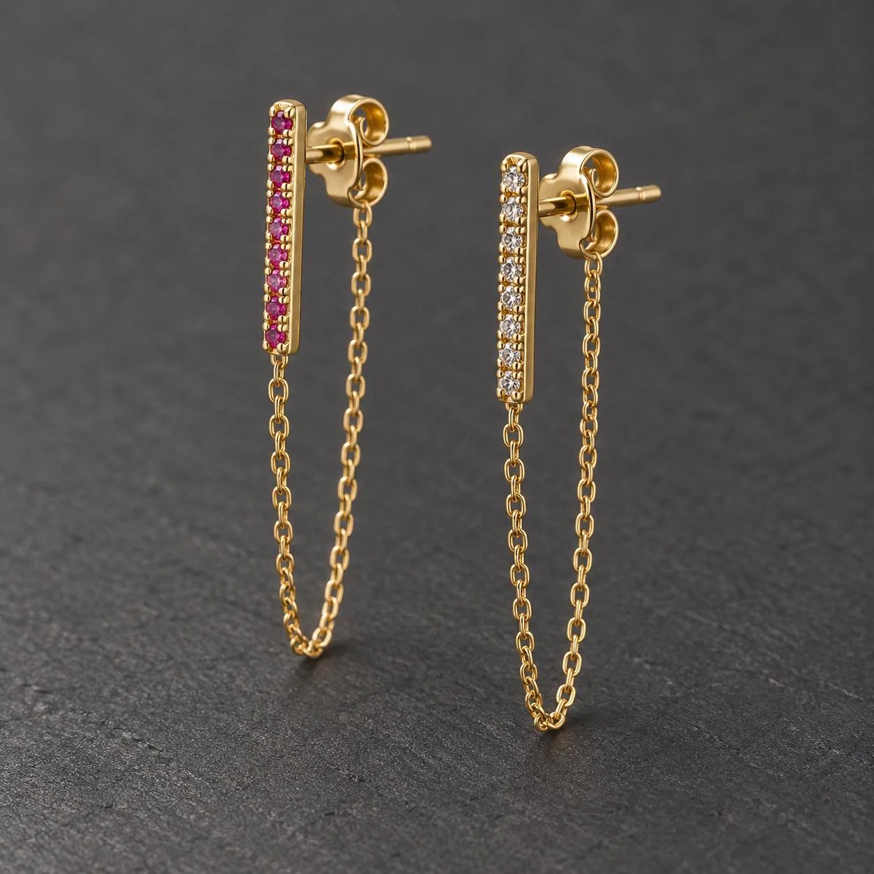 Mistmatched Ruby & CZ Gold Vermeil Chain Hoop Earrings, detail view