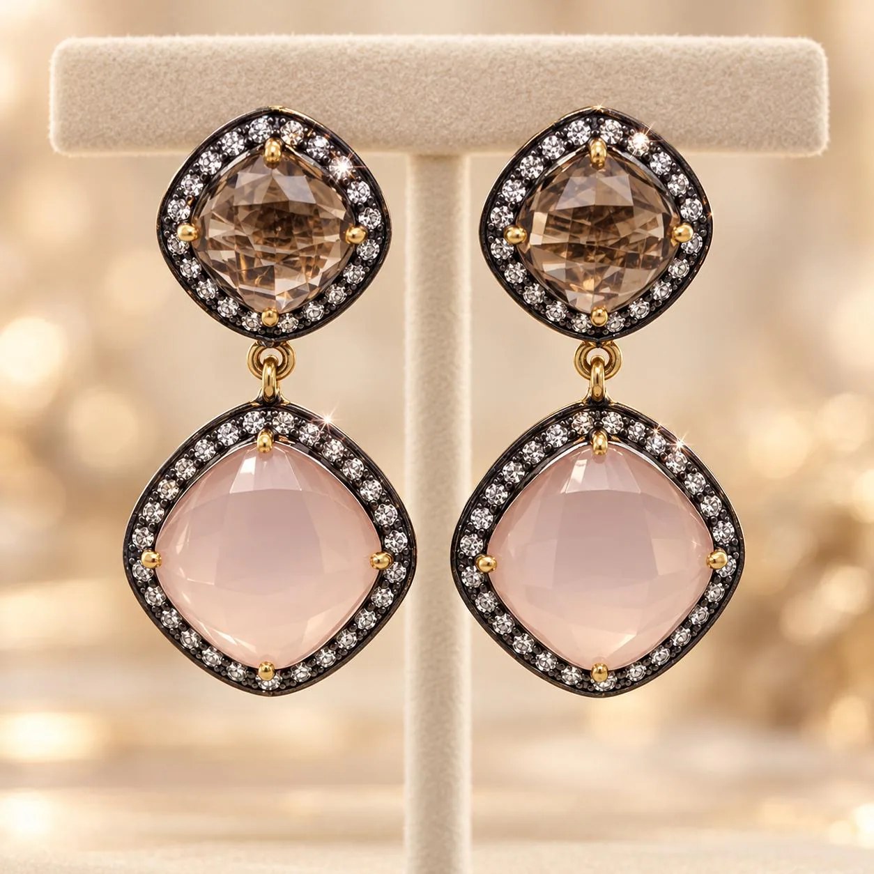 Rose Quartz & Beer Quartz Vermeil Earrings, CZ Halo Drops (42 × 21 mm)