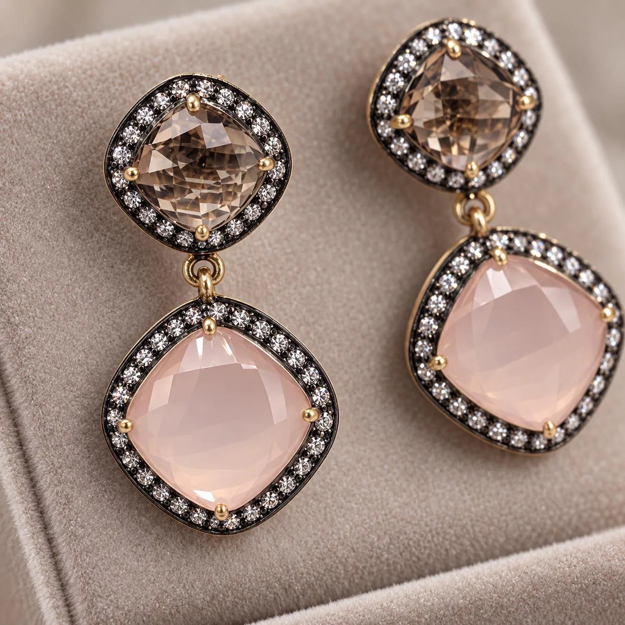 Rose Quartz & Beer Quartz Vermeil Earrings, CZ Halo Drops (42 × 21 mm), detail view