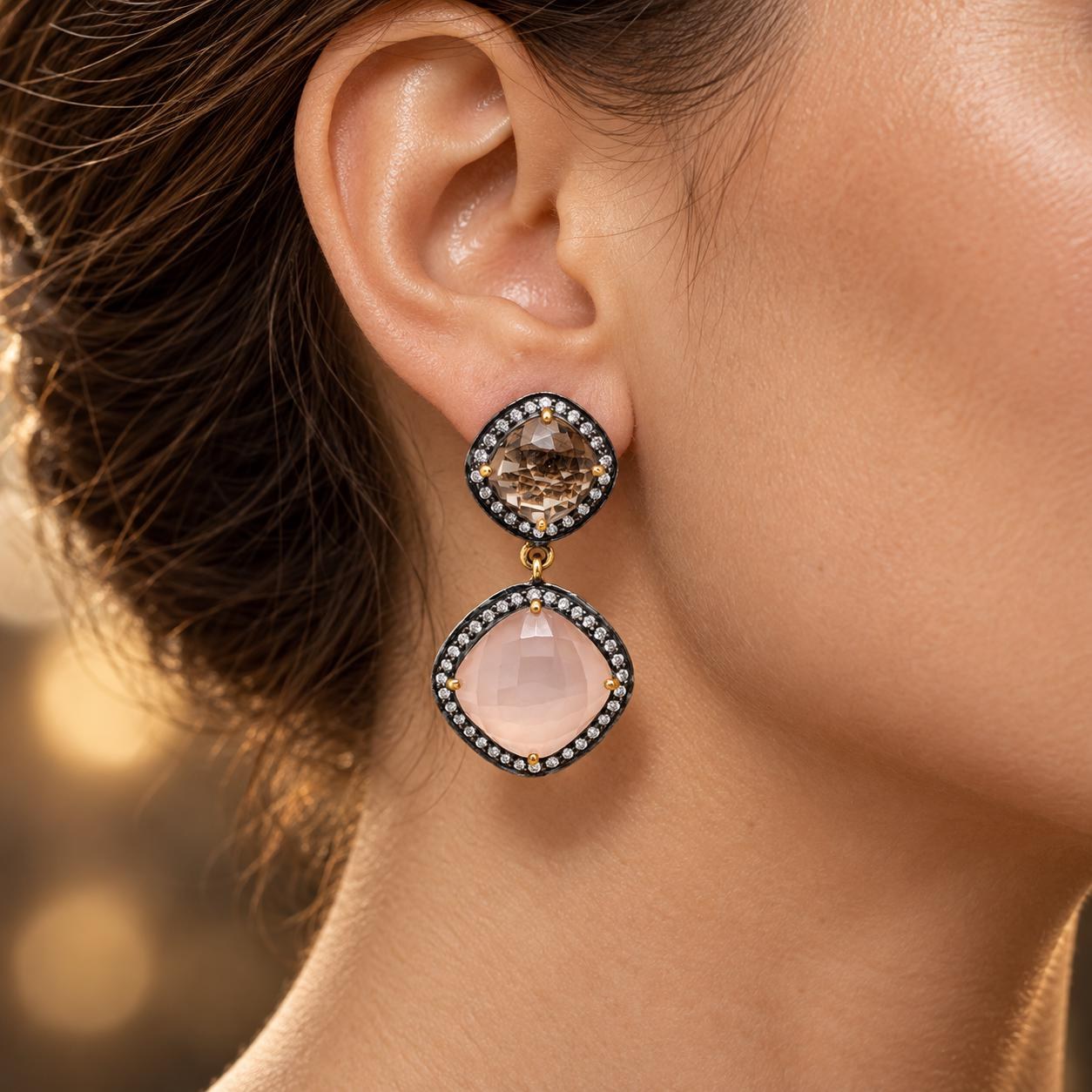 Rose Quartz & Beer Quartz Vermeil Earrings, CZ Halo Drops (42 × 21 mm), worn view