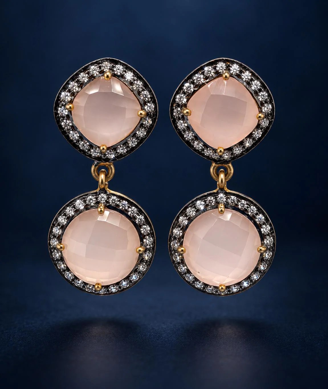 Rose Quartz Vermeil Dangly Earrings with Cubic Zirconia Halo