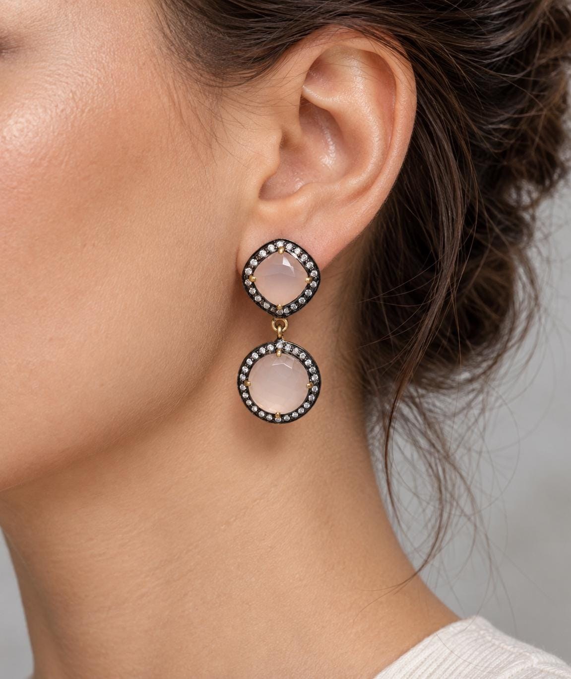 Rose Quartz Vermeil Dangly Earrings with Cubic Zirconia Halo, worn view