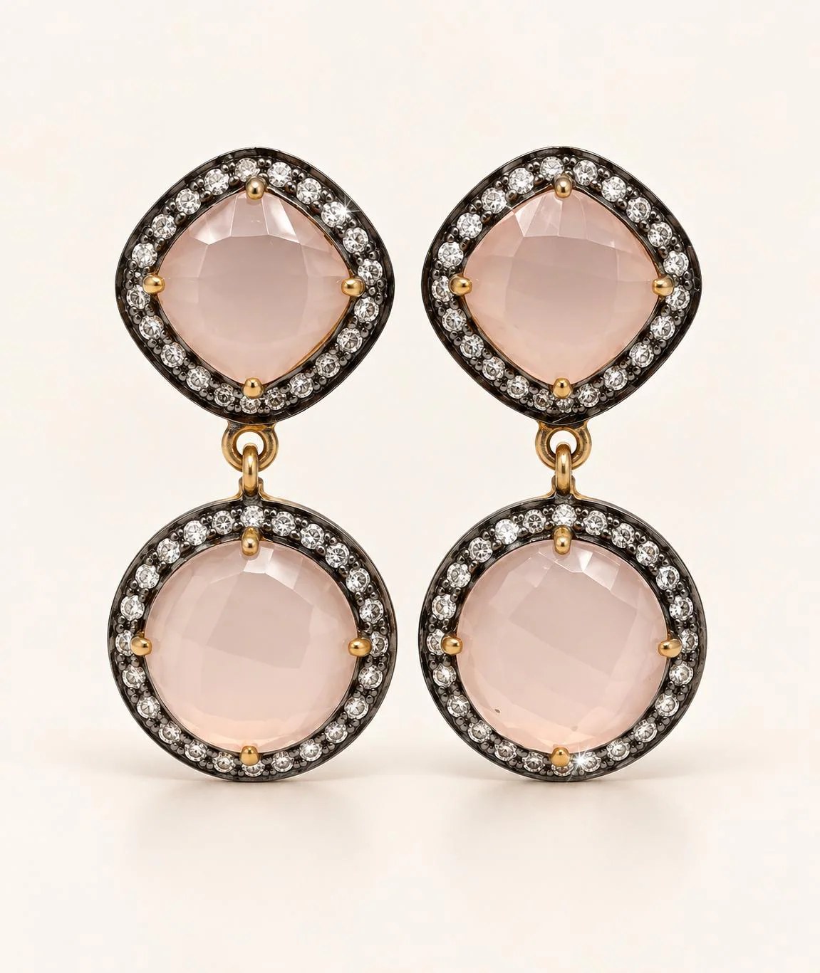 Rose Quartz Vermeil Dangly Earrings with Cubic Zirconia Halo, detail view