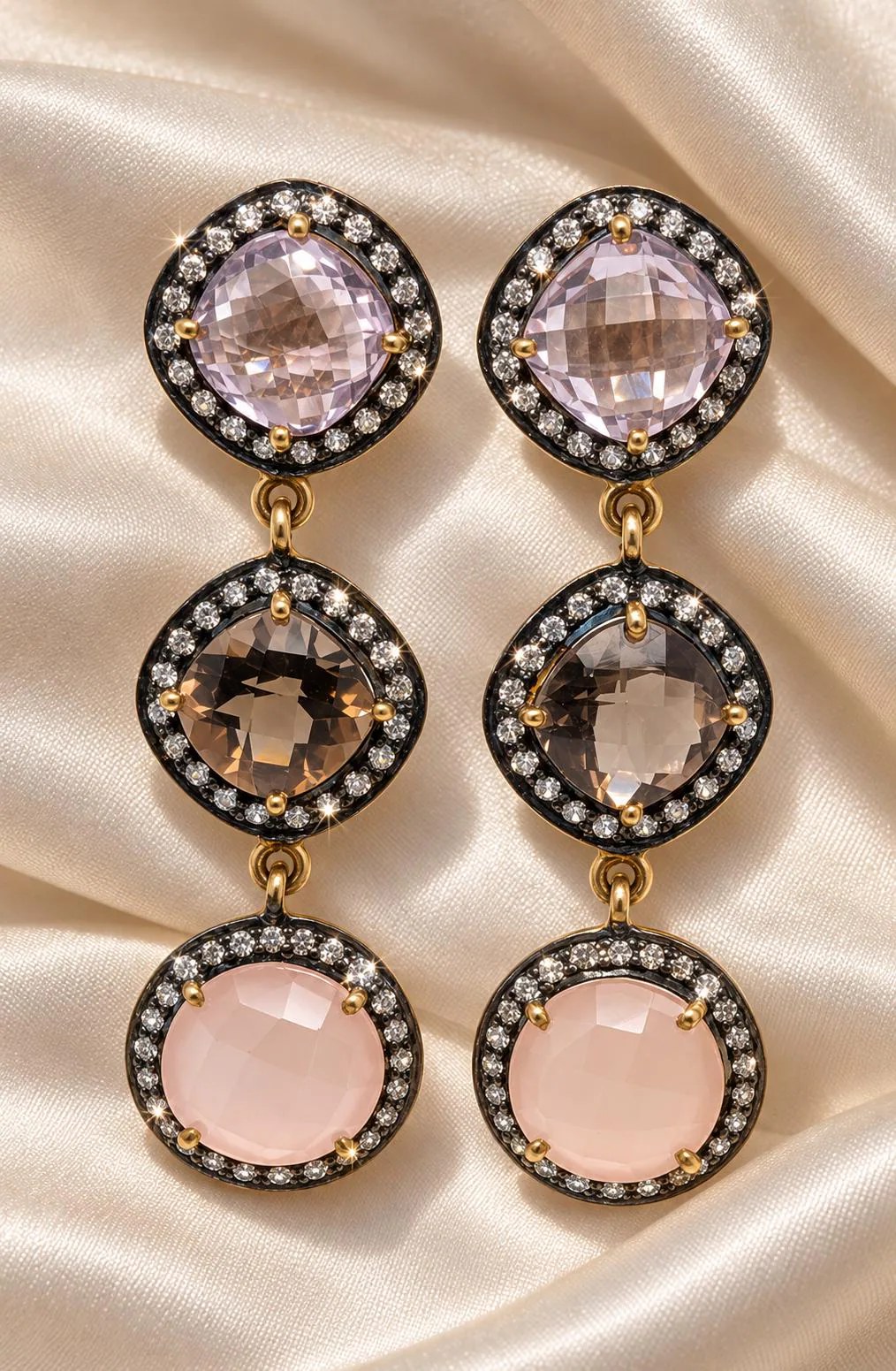 Vermeil Drop Earrings, Amethyst, Smoky Quartz, Rose Quartz, CZ Halo, Statement Jewelry, detail view