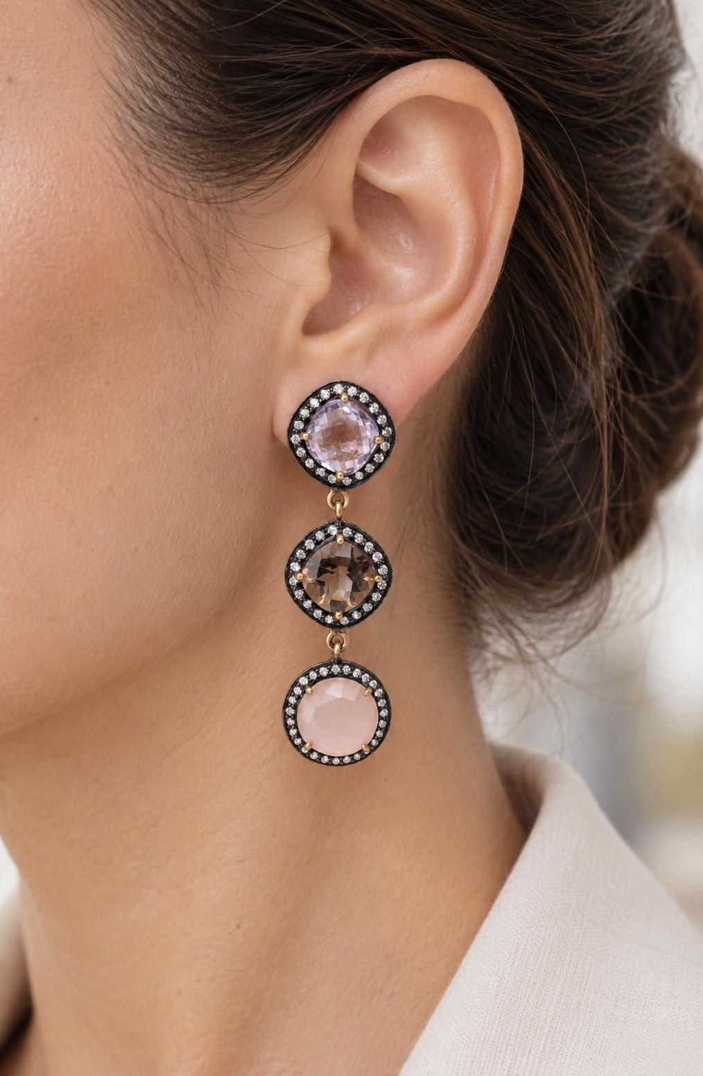 Vermeil Drop Earrings, Amethyst, Smoky Quartz, Rose Quartz, CZ Halo, Statement Jewelry, worn view