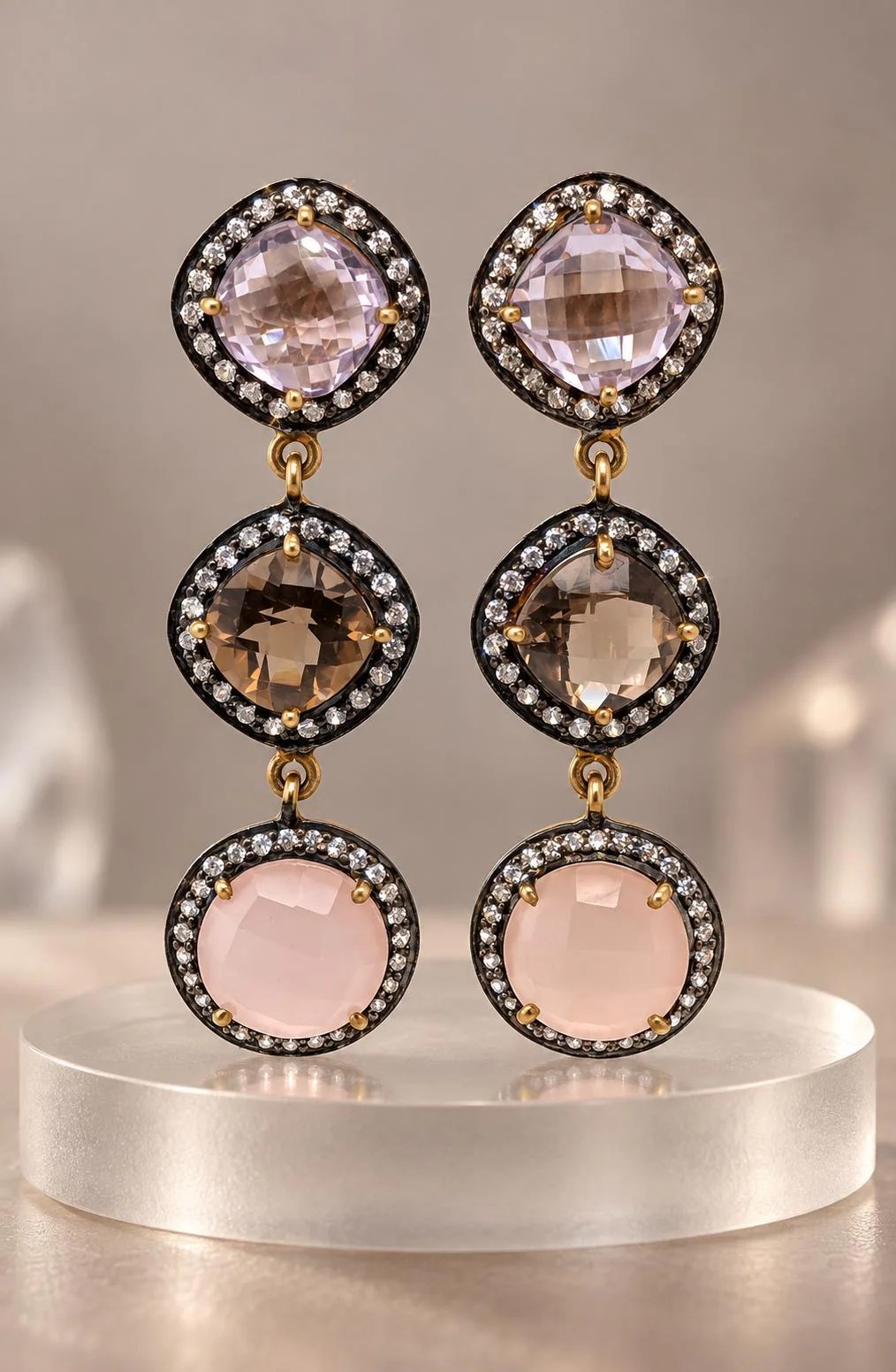 Vermeil Drop Earrings, Amethyst, Smoky Quartz, Rose Quartz, CZ Halo, Statement Jewelry