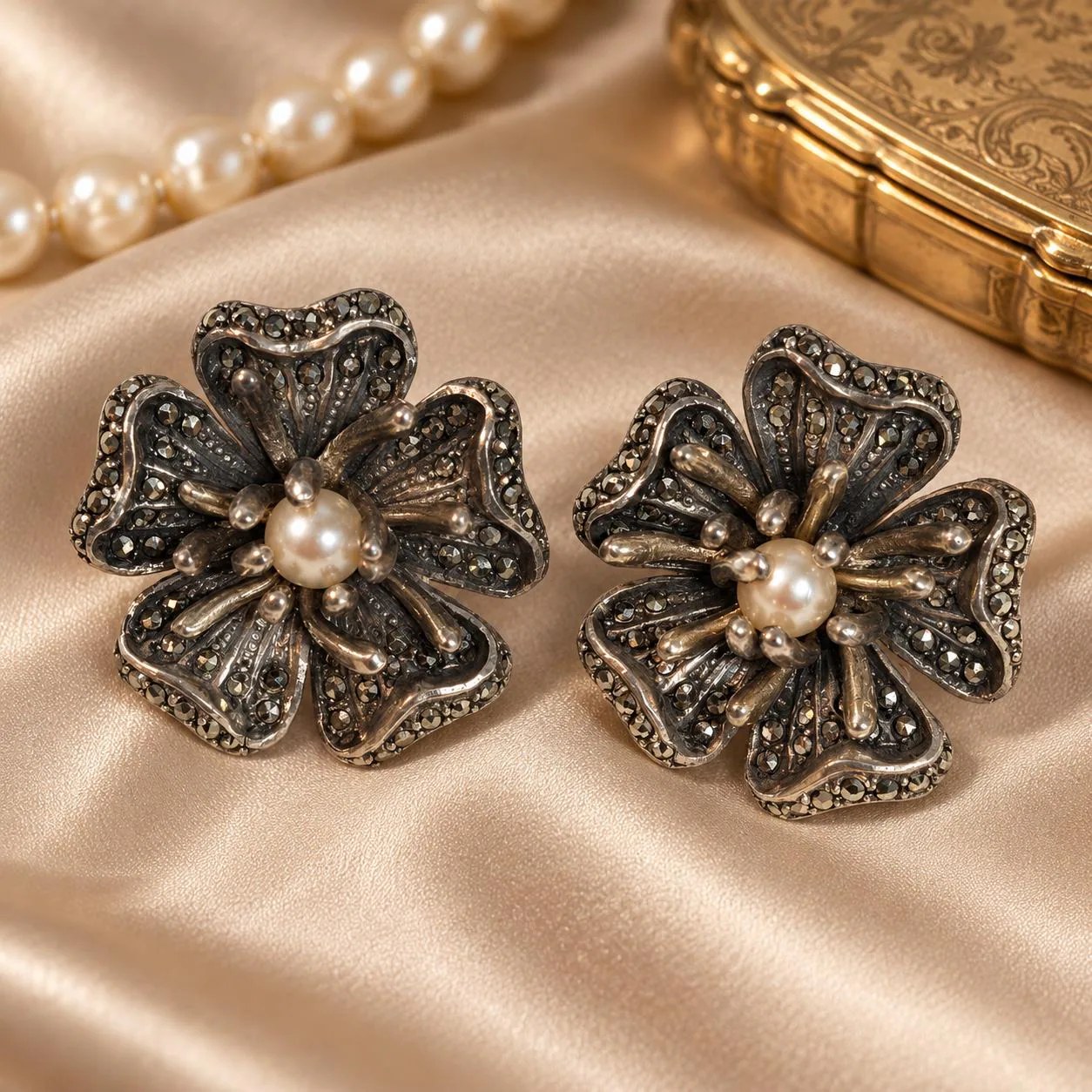 Vintage Sterling Silver Clip On Pearl & Marcasite Stud Earrings
