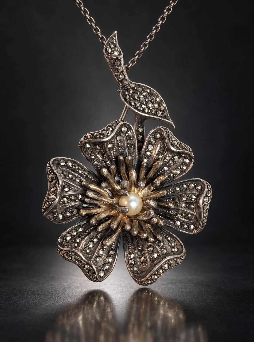 Vintage German sterling silver marcasite and pearl flower brooch pendant, circa 1935–1950.
