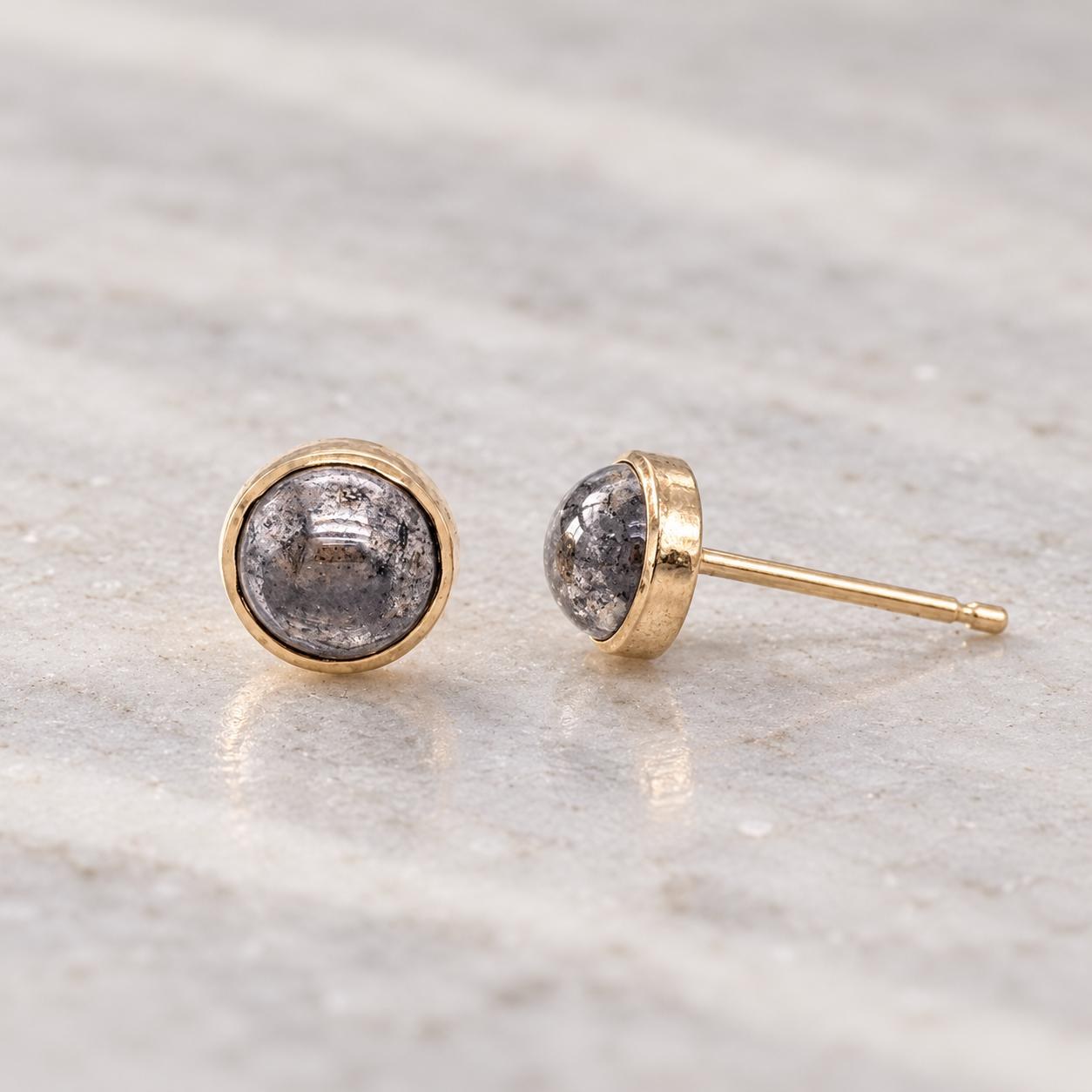 Salt Pepper Diamond Round Cabochon Stud Earrings 14kt Gold 5mm : April Birthstone, detail view
