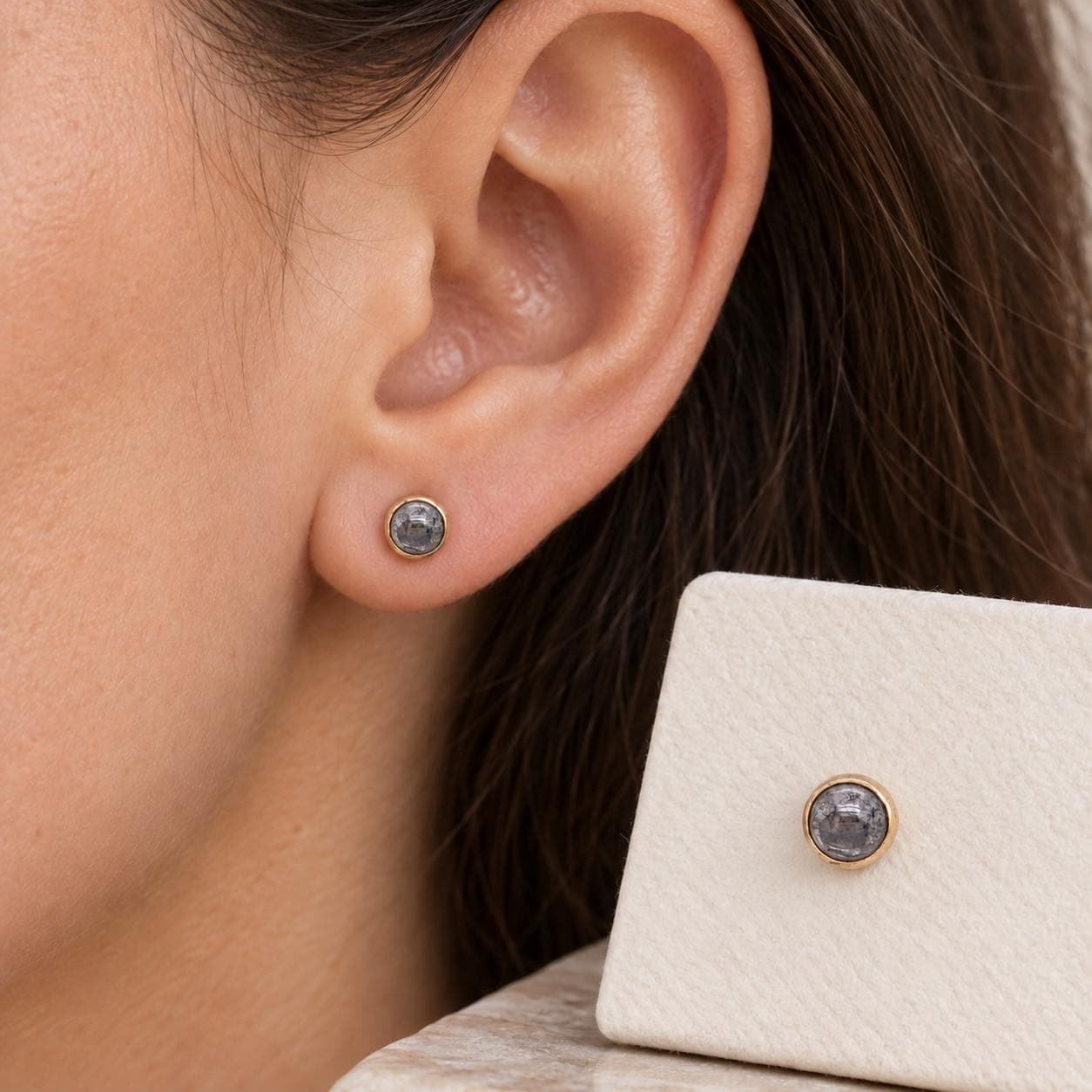 Salt Pepper Diamond Round Cabochon Stud Earrings 14kt Gold 5mm : April Birthstone, worn view