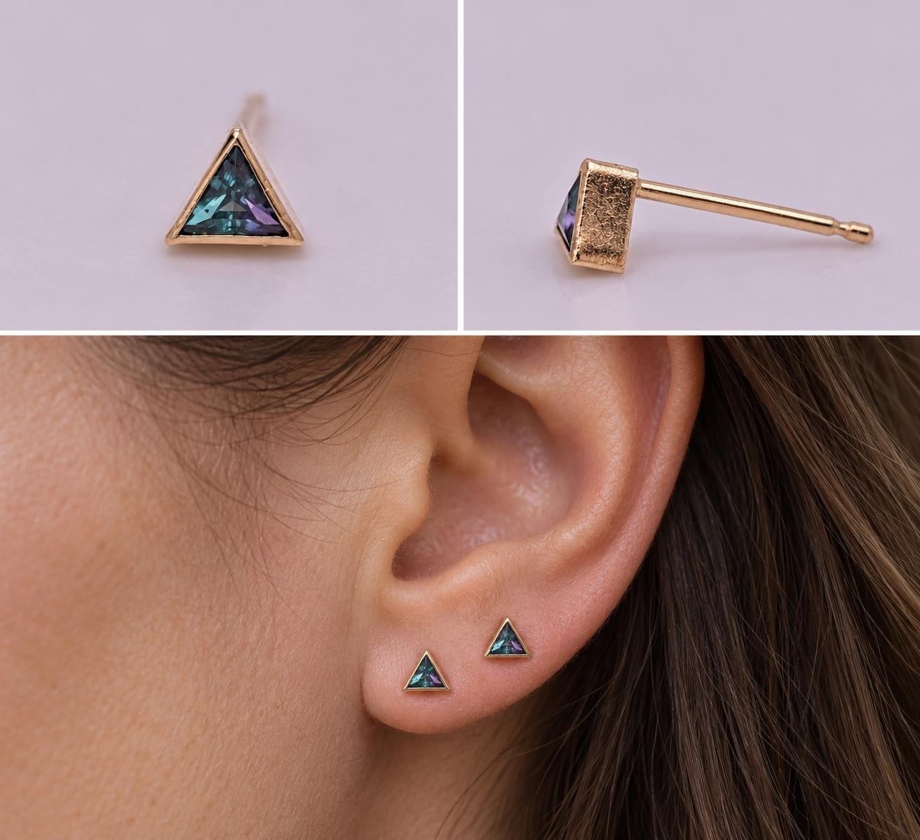 Lab Alexandrite Solid 14k Gold Bezel Triangle Stud Earrings: June Birthstone, worn view