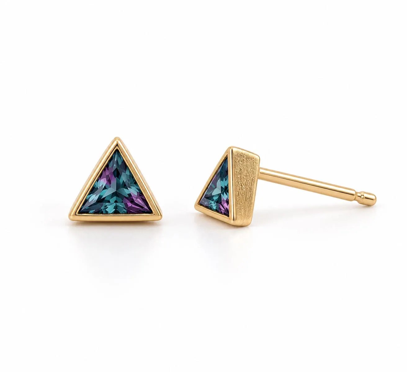 Lab Alexandrite Solid 14k Gold Bezel Triangle Stud Earrings: June Birthstone, detail view