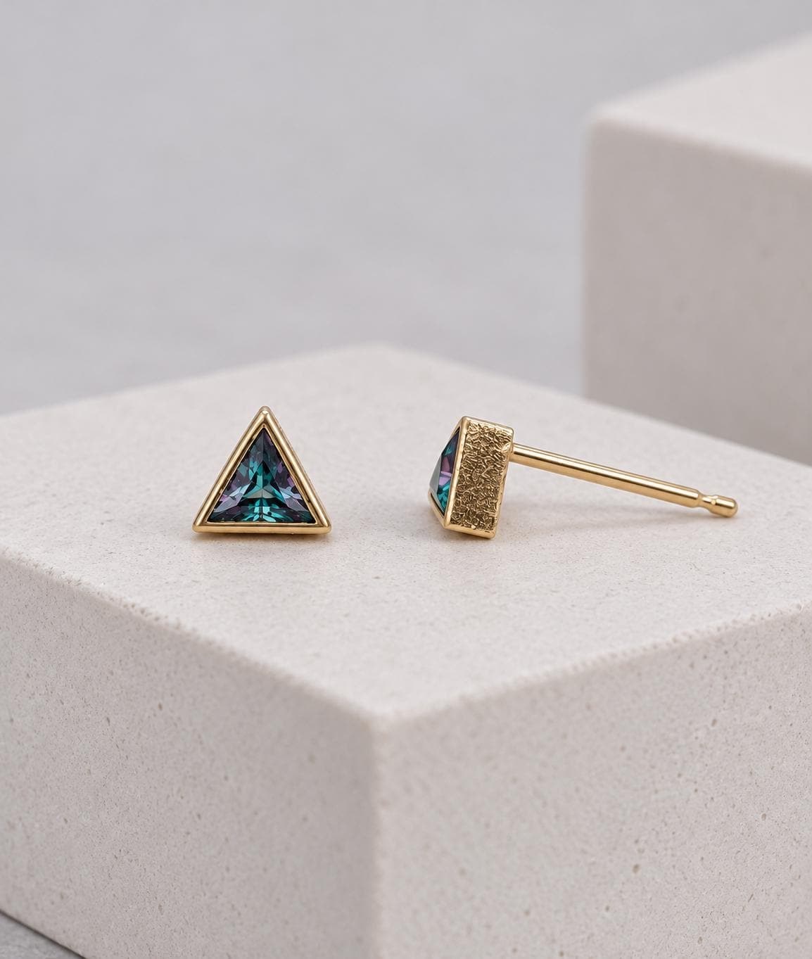 Lab Alexandrite Solid 14k Gold Bezel Triangle Stud Earrings: June Birthstone