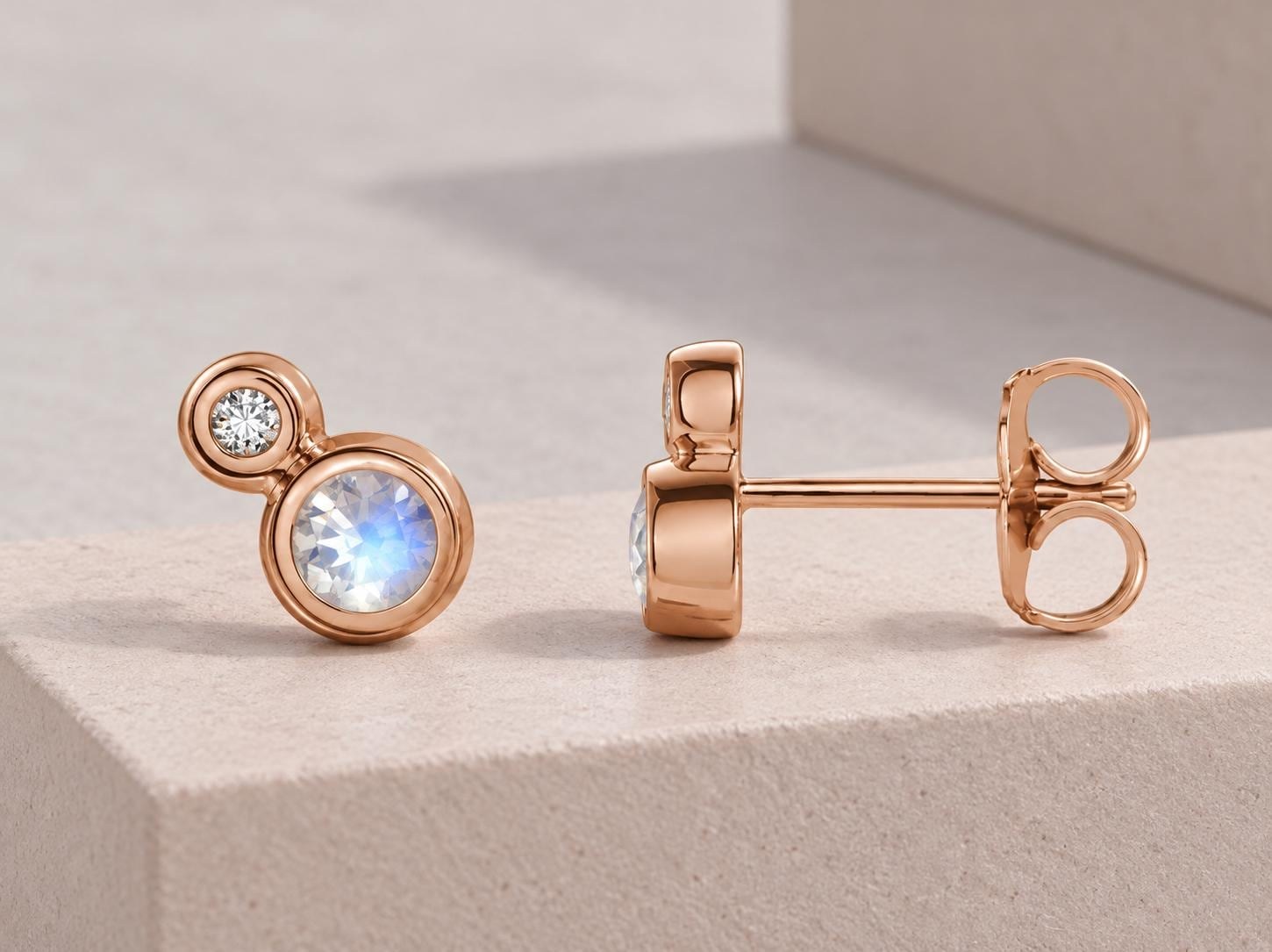 Blue Moonstone Stud Earrings with Diamonds Solid 14kt Rose Gold : June Birthstone Jewelry
