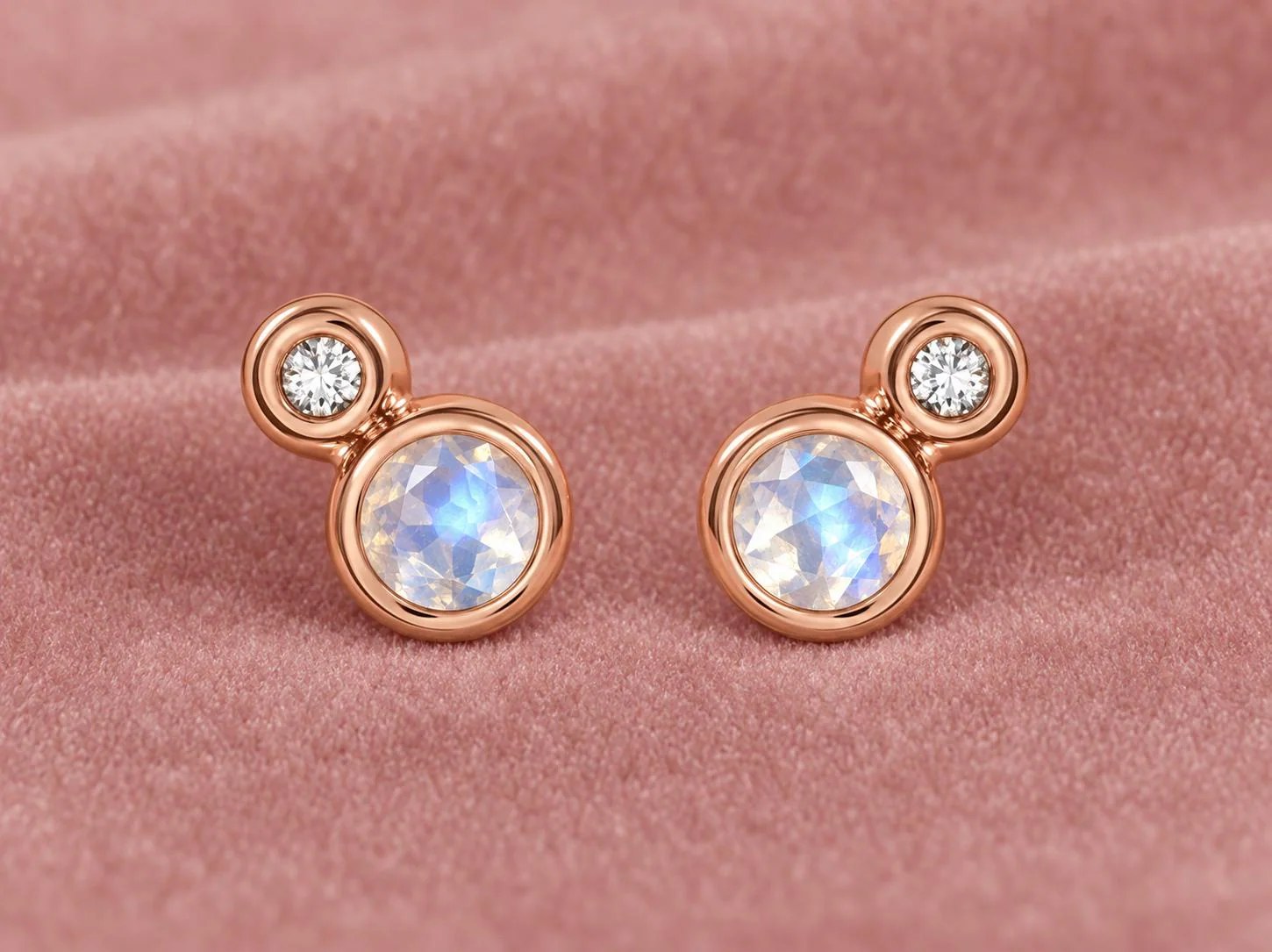 Blue Moonstone Stud Earrings with Diamonds Solid 14kt Rose Gold : June Birthstone Jewelry, detail view