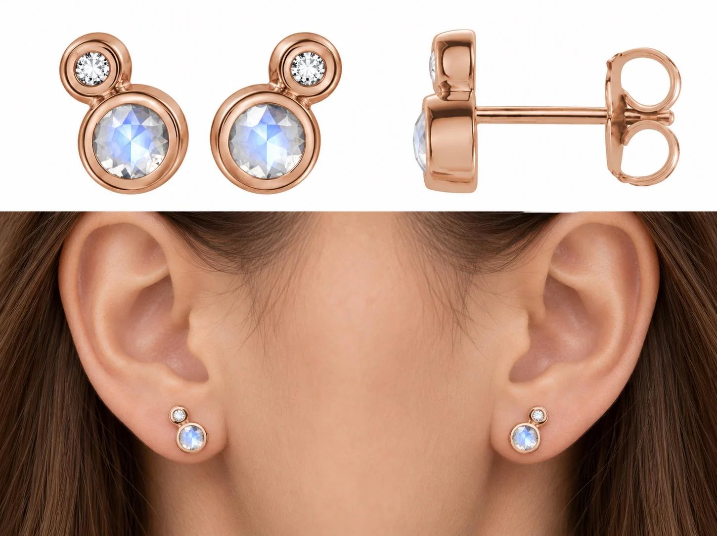 Blue Moonstone Stud Earrings with Diamonds Solid 14kt Rose Gold : June Birthstone Jewelry, worn view