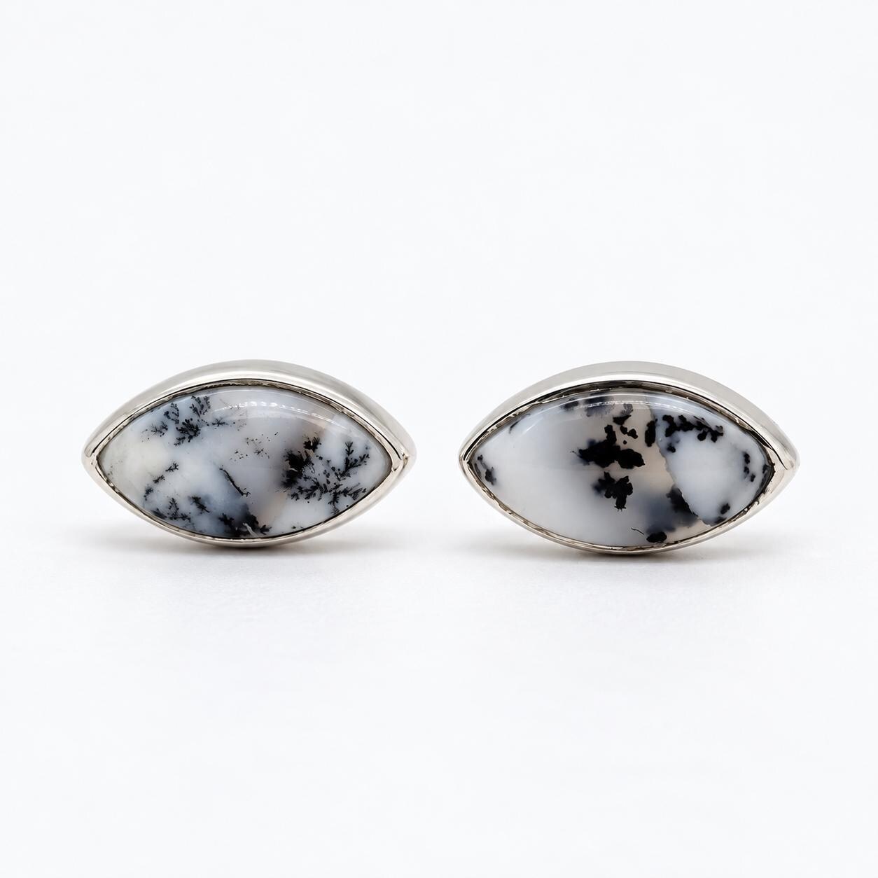 Dendritic Agate Marquise Cabochon Sterling Silver Stud Earrings, Handmade Jewelry, Statement Earrings, Gift Wife, Everyday Earrings for Her, detail view