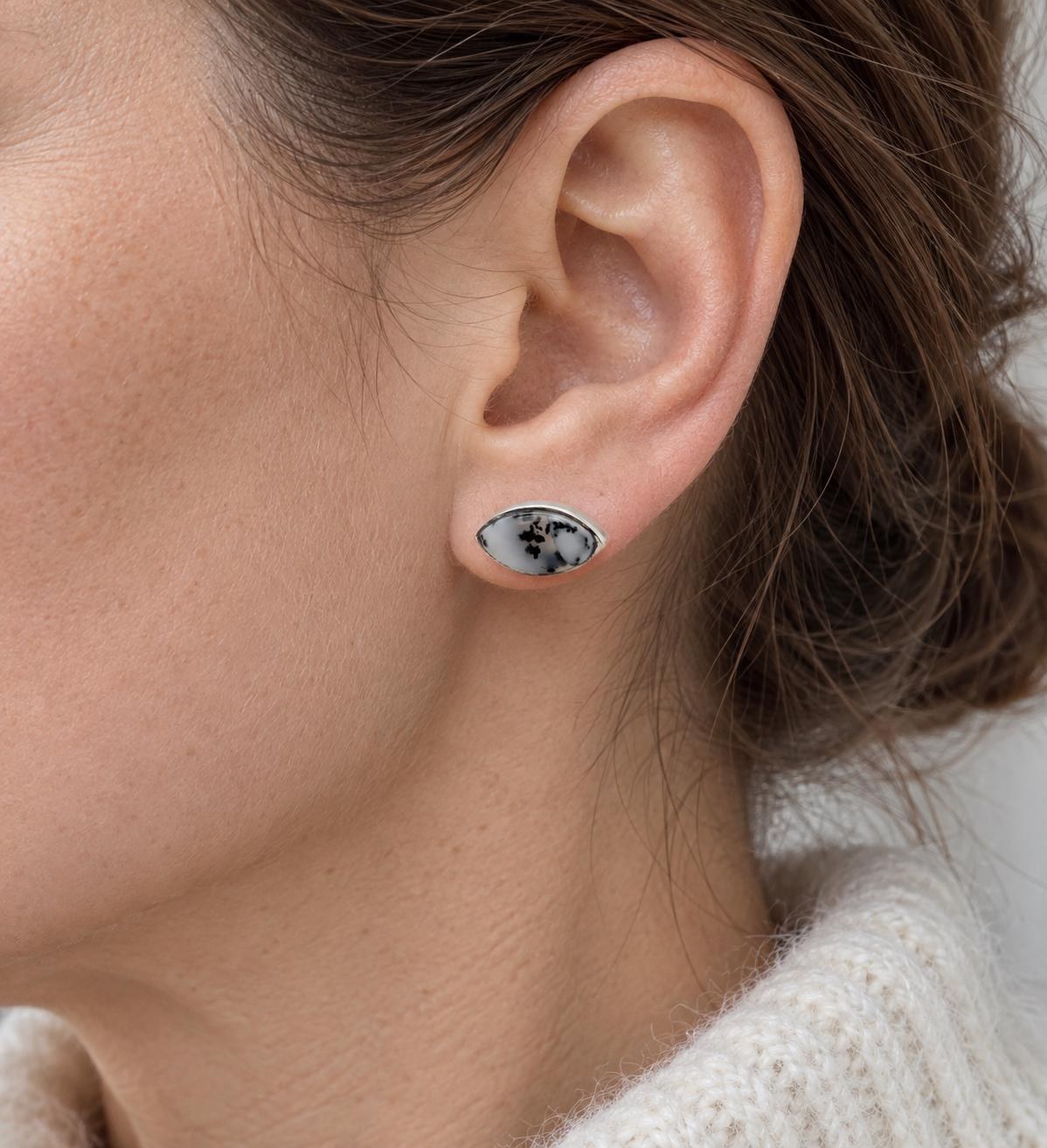 Dendritic Agate Marquise Cabochon Sterling Silver Stud Earrings, Handmade Jewelry, Statement Earrings, Gift Wife, Everyday Earrings for Her, worn view