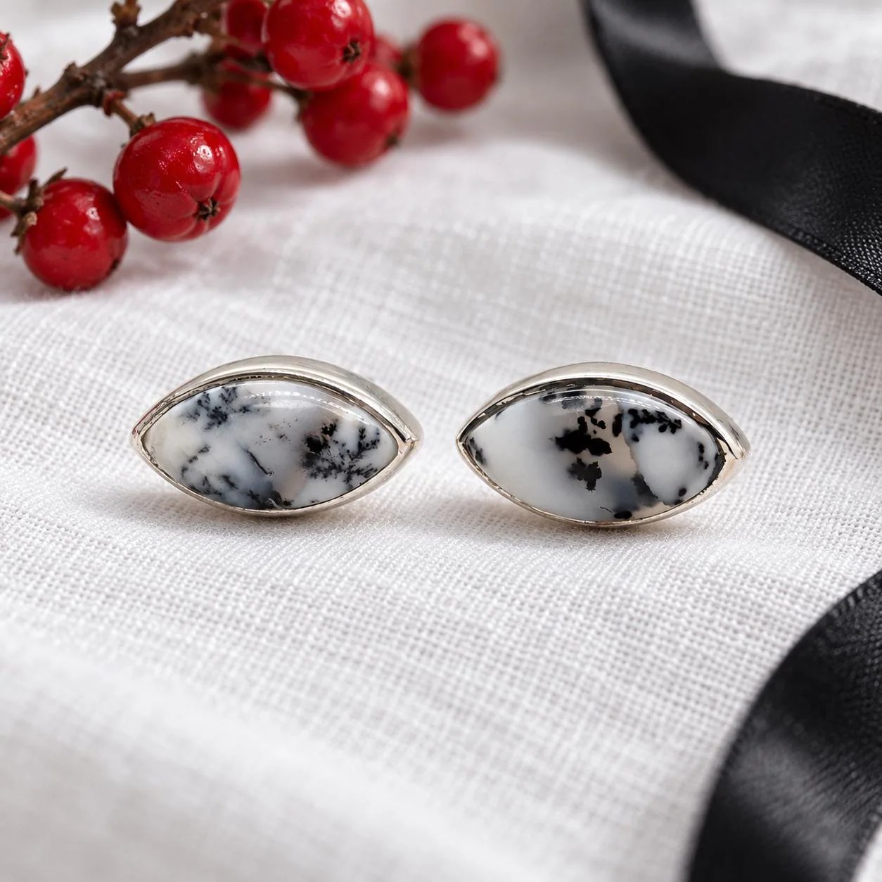 Dendritic Agate Marquise Cabochon Sterling Silver Stud Earrings, Handmade Jewelry, Statement Earrings, Gift Wife, Everyday Earrings for Her