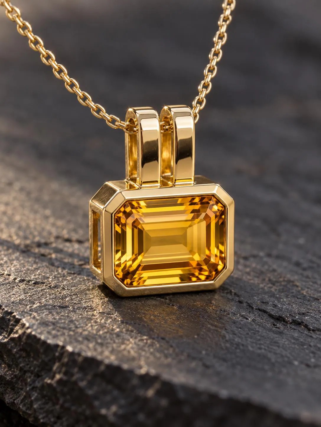 Citrine Emerald Cut Statement Pendant Solid 14k Gold : November Birthstone