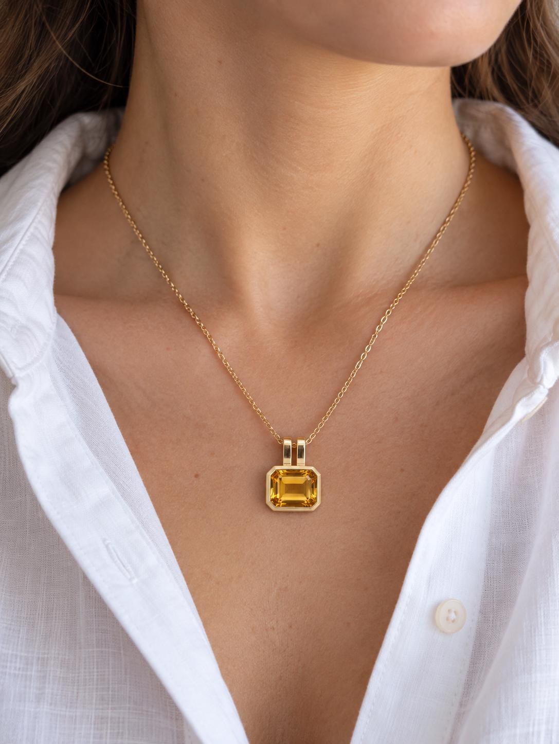 Citrine Emerald Cut Statement Pendant Solid 14k Gold : November Birthstone, worn view