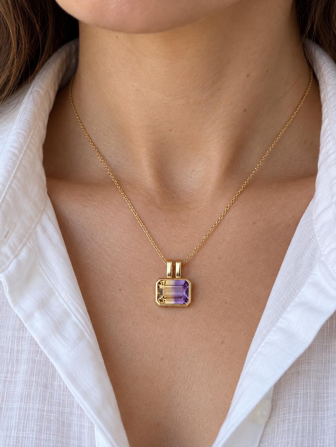 Ametrine Emerald Cut Statement Pendant Solid 14k Gold : Purple Yellow Gemstone, worn view