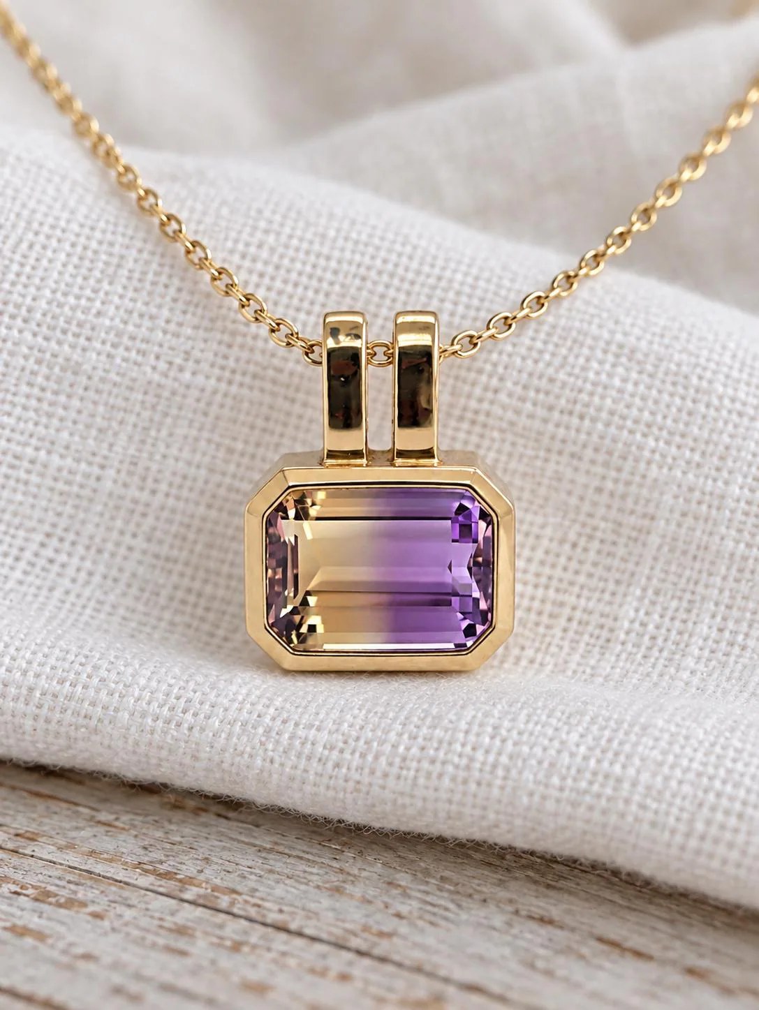 Ametrine Emerald Cut Statement Pendant Solid 14k Gold : Purple Yellow Gemstone