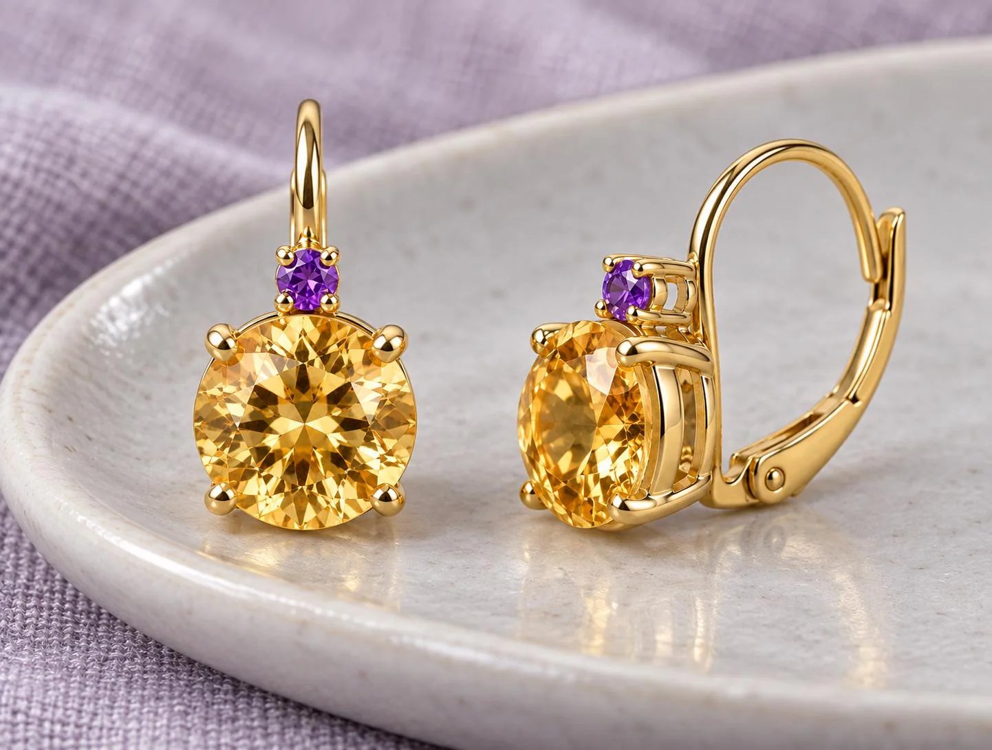 Citrine 2 CT & Amethyst 14kt Gold Leverback Prong Set Earrings