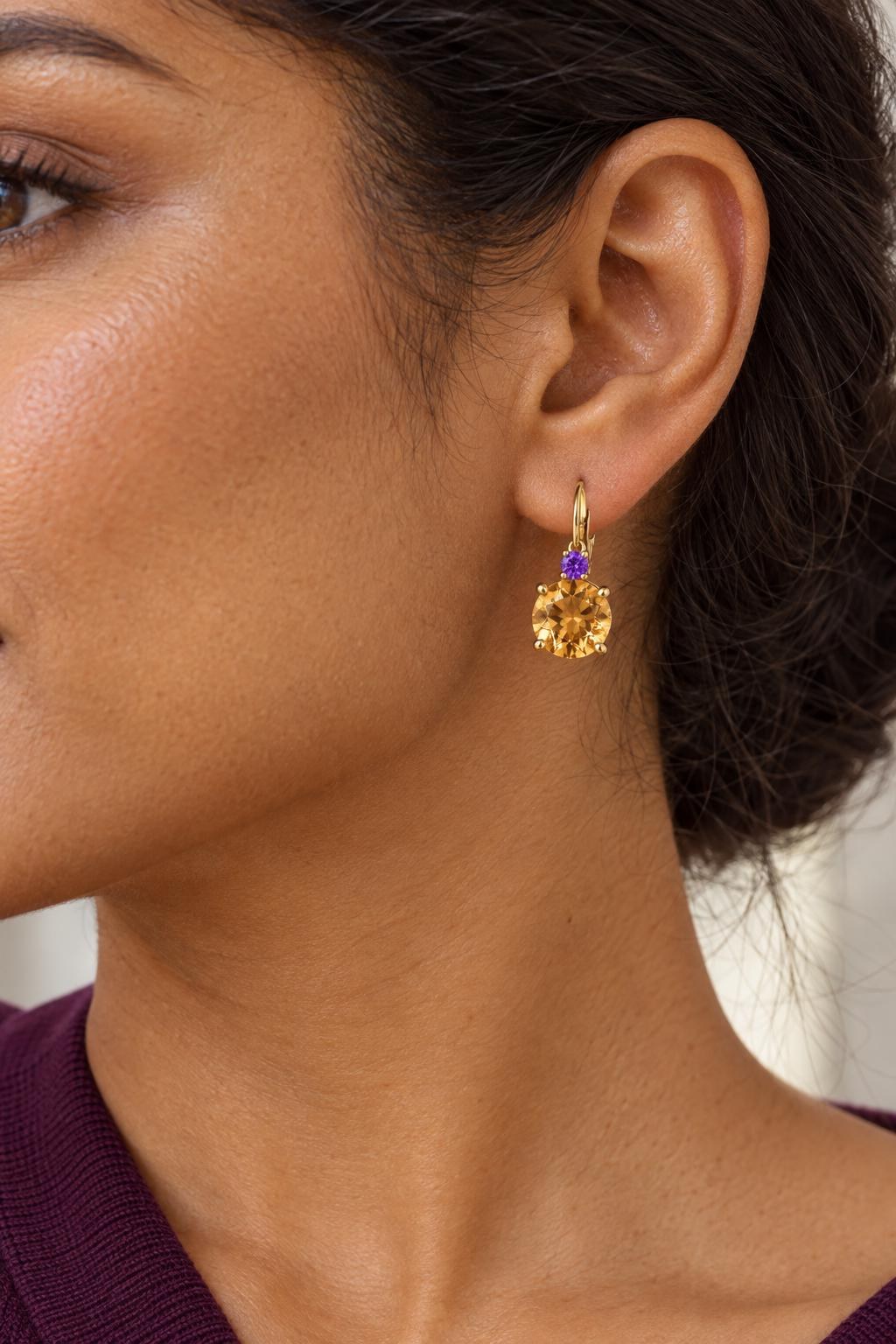 Citrine 2 CT & Amethyst 14kt Gold Leverback Prong Set Earrings, worn view