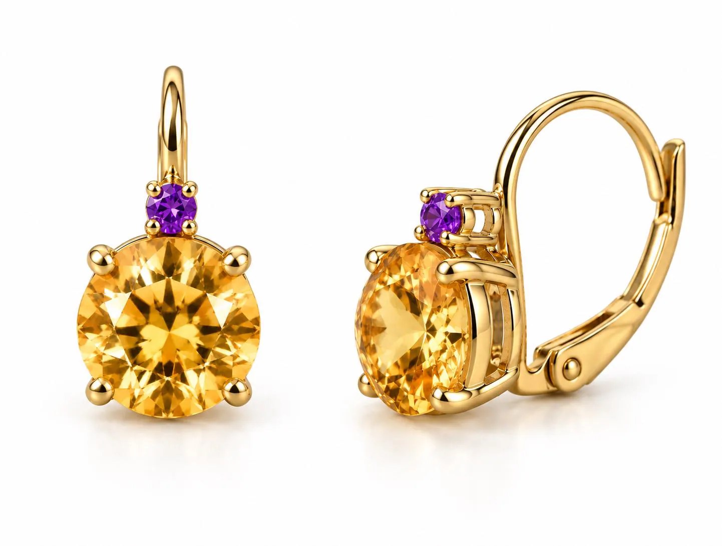 Citrine 2 CT & Amethyst 14kt Gold Leverback Prong Set Earrings, detail view