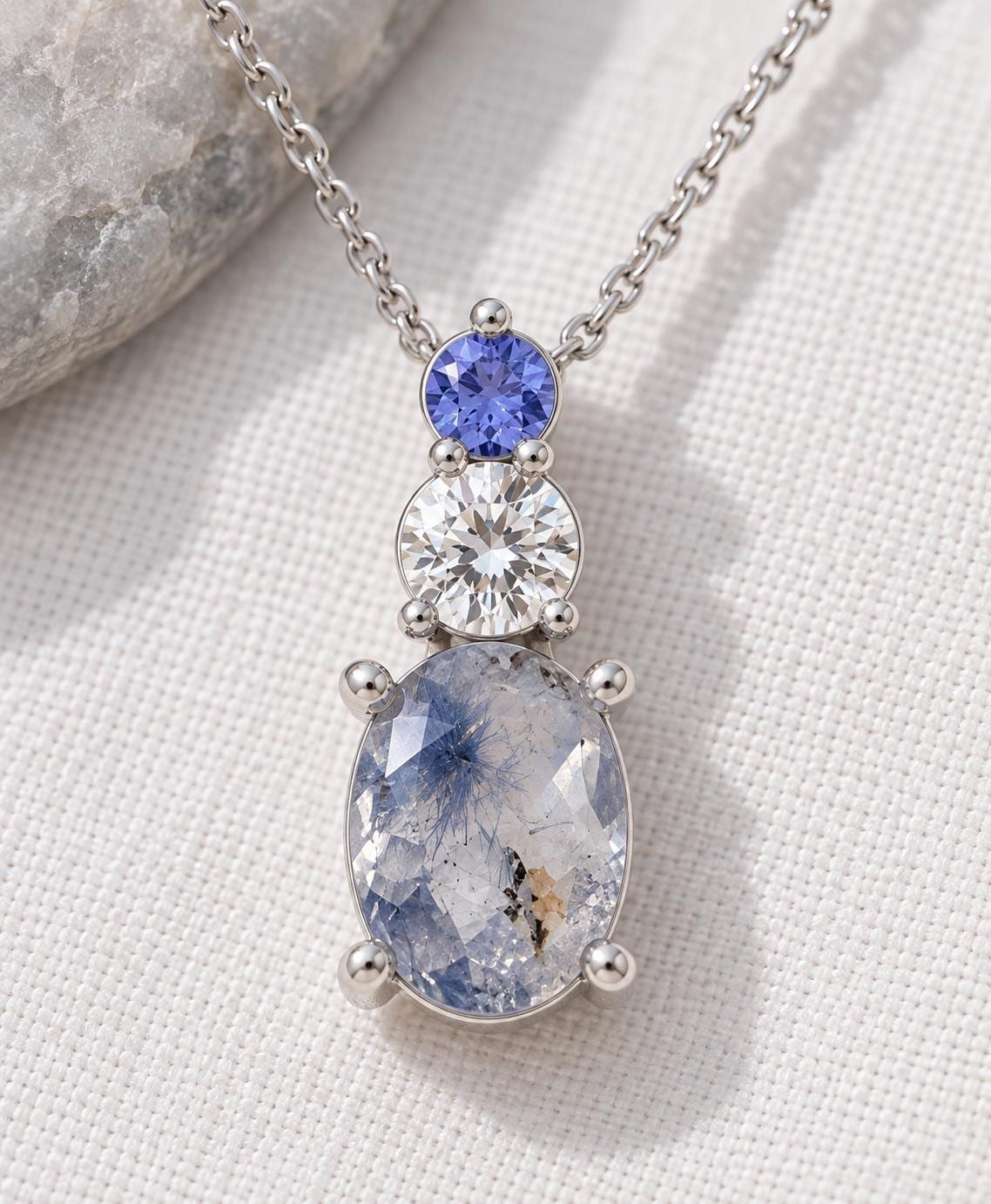 Dumortierite Quartz, White Sapphire & Tanzanite Sterling Silver Necklace, detail view
