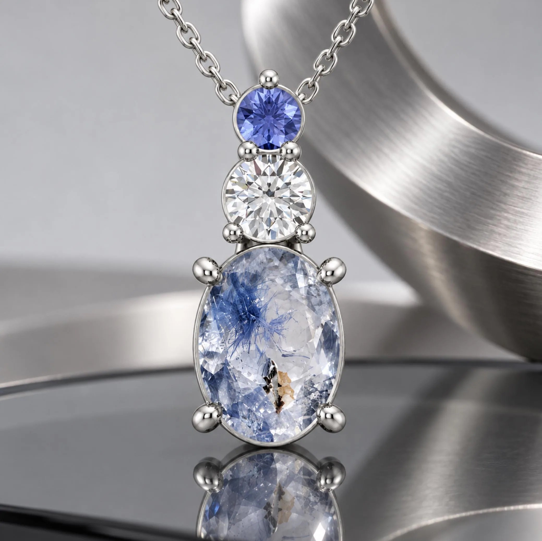 Dumortierite Quartz, White Sapphire & Tanzanite Sterling Silver Necklace