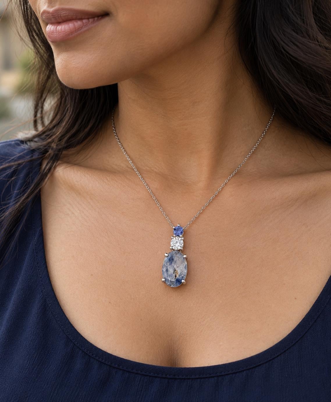 Dumortierite Quartz, White Sapphire & Tanzanite Sterling Silver Necklace, worn view