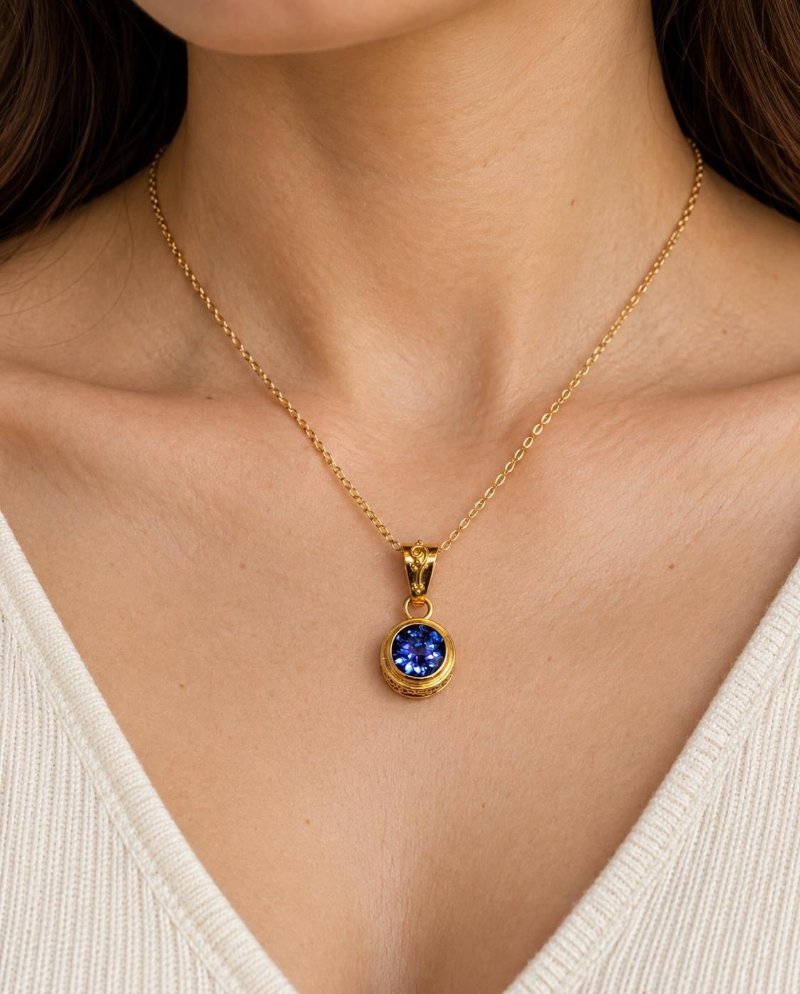 Tanzanite Necklace 18k Gold : December Birthstone Pendant, worn view