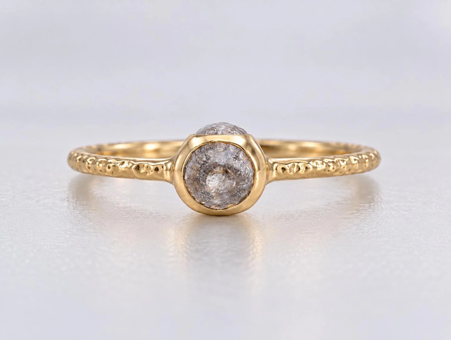 Salt Pepper Diamond Bezel Set Engagement Ring 14k Yellow Gold, detail view