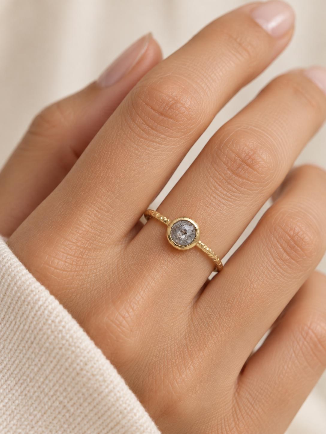 Salt Pepper Diamond Bezel Set Engagement Ring 14k Yellow Gold, worn view