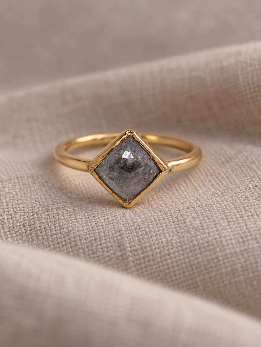 Gray Square Diamond Bezel Set Ring 14k Yellow Gold, Size 5.25, 0.63 cts