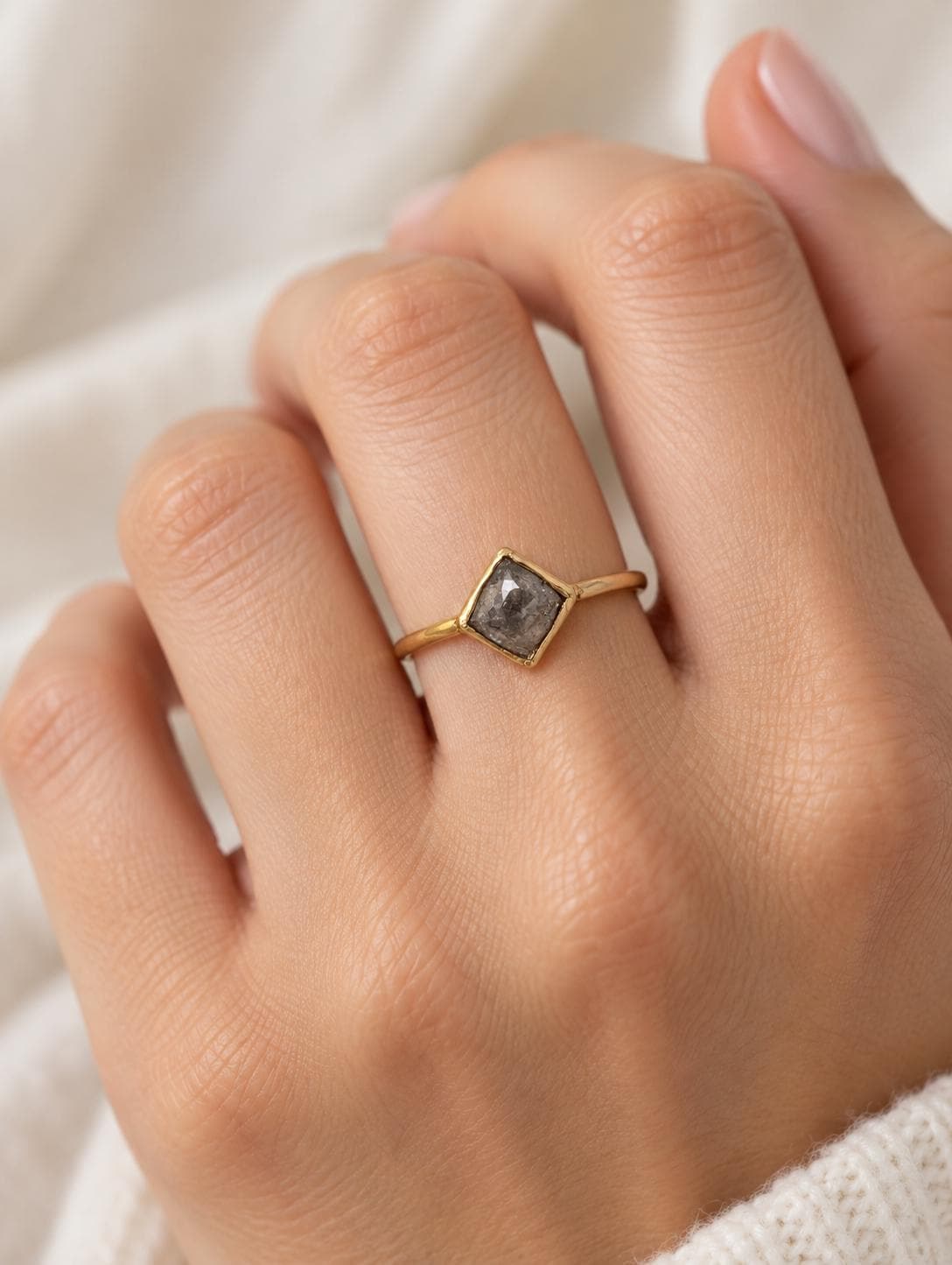 Gray Square Diamond Bezel Set Ring 14k Yellow Gold, Size 5.25, 0.63 cts, worn view