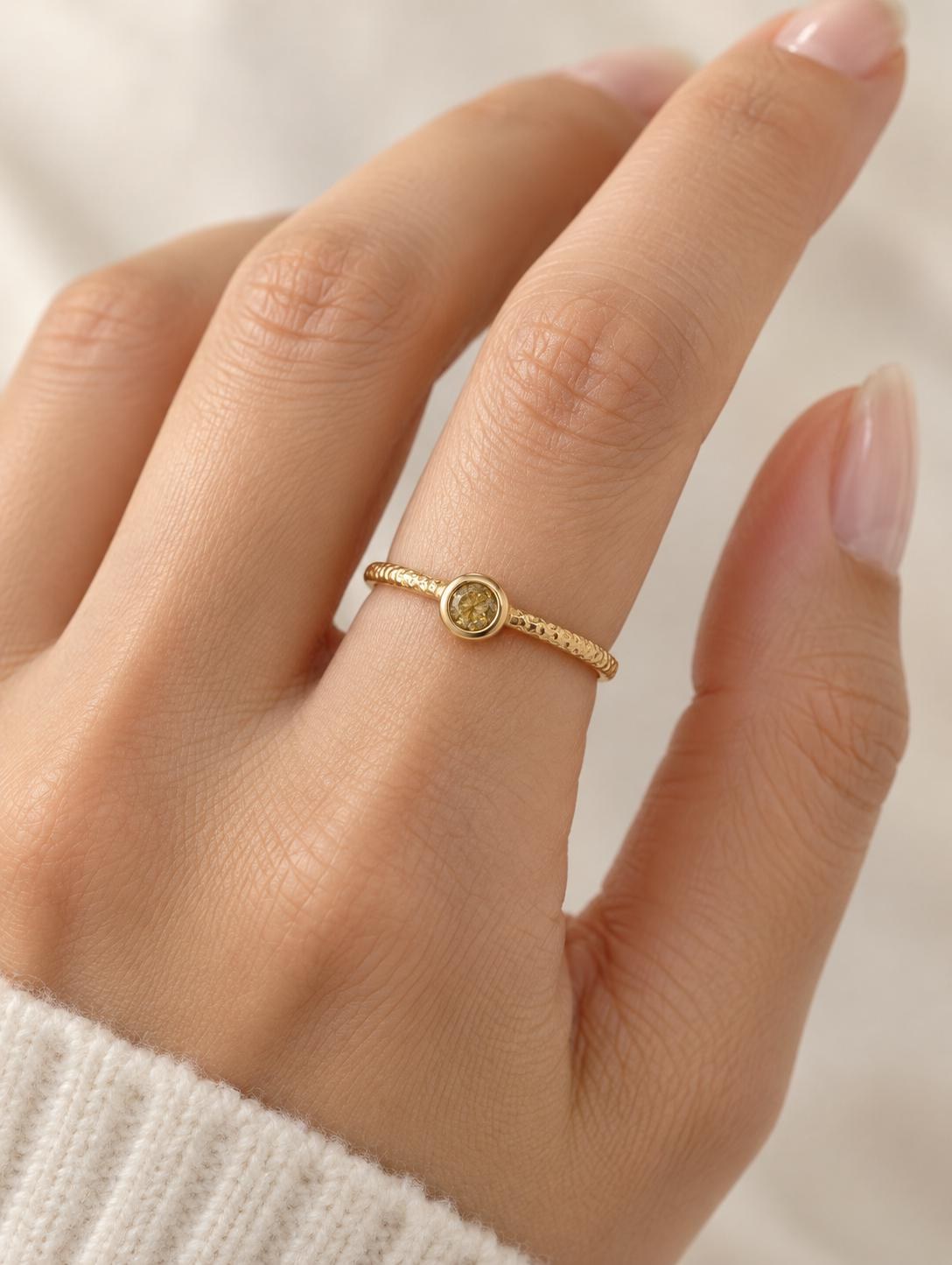 Yellow Diamond Dainty Textured Bezel Set 14k Gold Ring, Size 6.75, worn view
