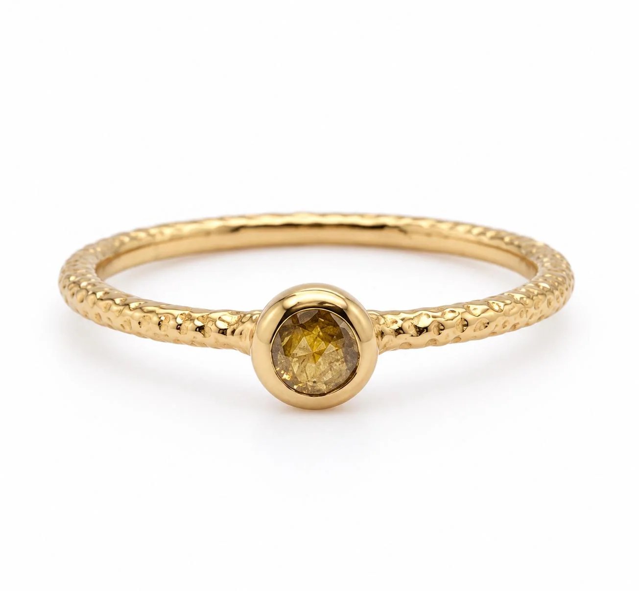 Yellow Diamond Dainty Textured Bezel Set 14k Gold Ring, Size 6.75, detail view