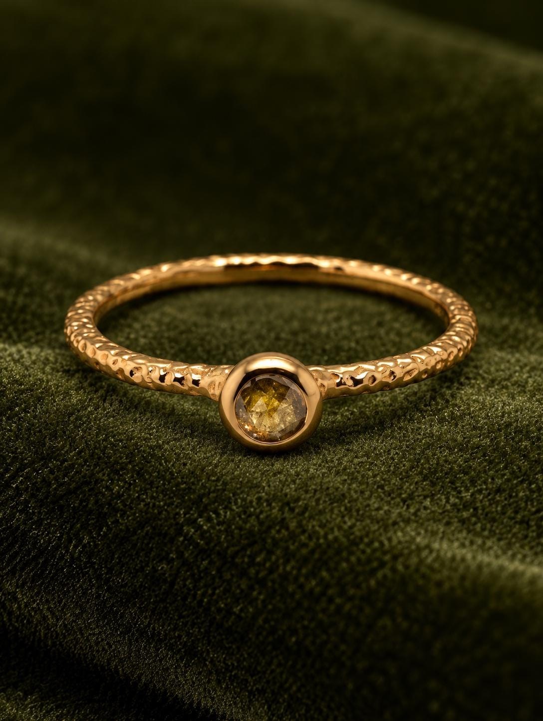 Yellow Diamond Dainty Textured Bezel Set 14k Gold Ring, Size 6.75